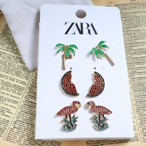 New ZARA Tropical Palm Flamingo Earrings Beach Vibes Set Jewelry Authentic